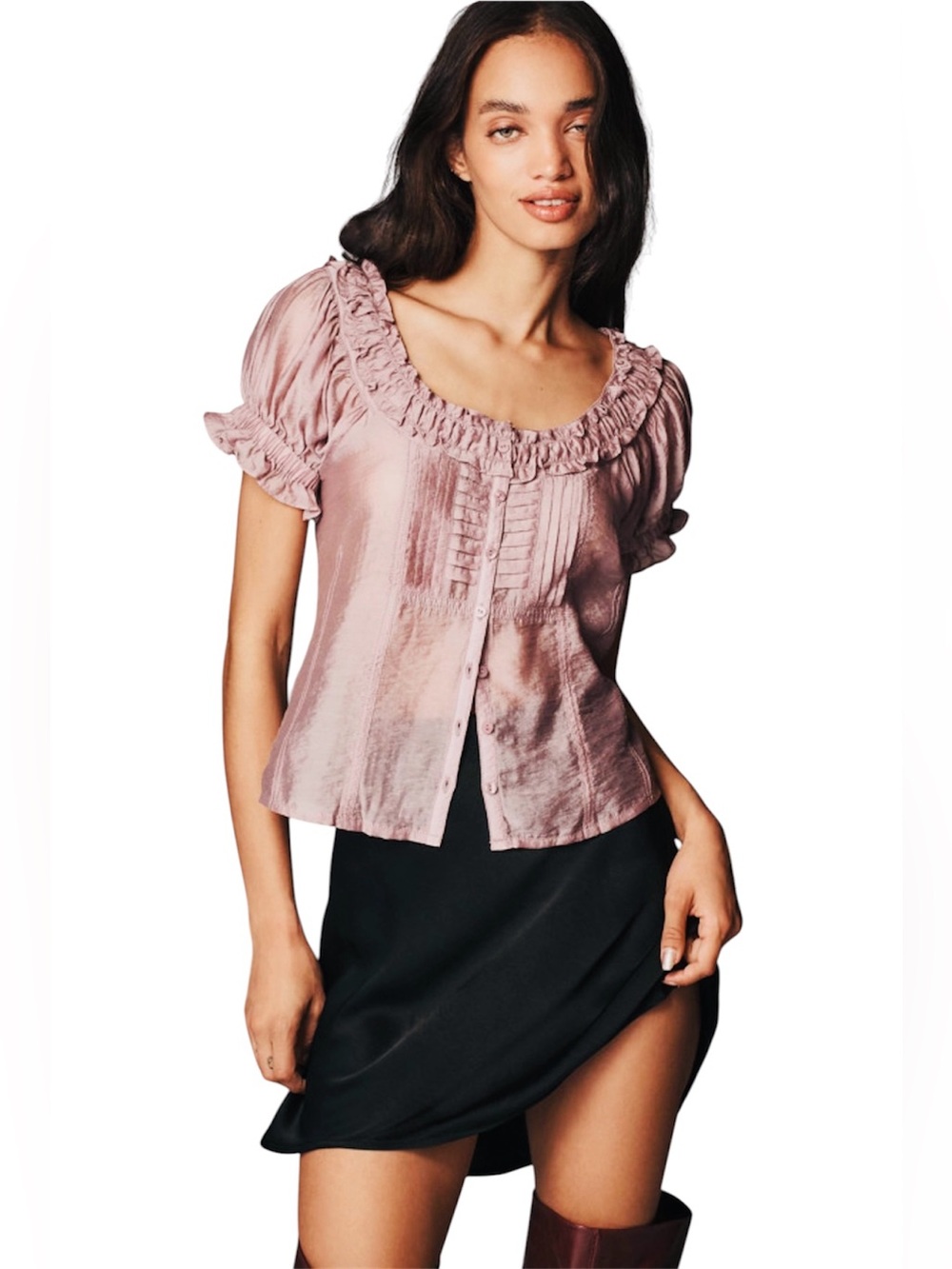 PILCRO Short Sleeve Sheer Silky Blouse.
